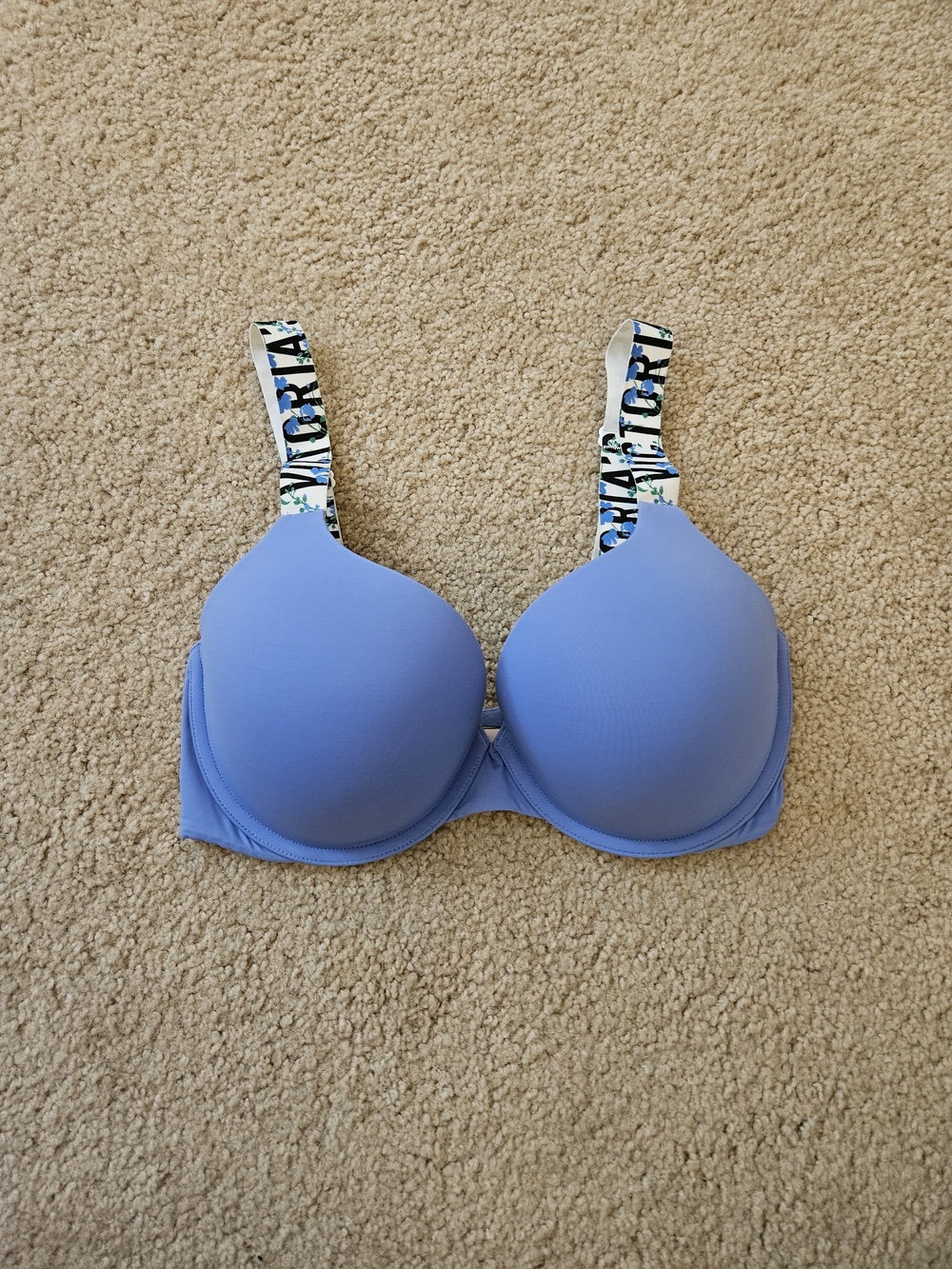 Victoria's Secret Light Blue T-Shirt Push Up Bra with Floral Straps Size 34DD